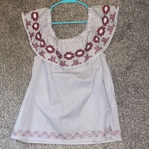 L Joy Joy maroon, white, & gray on or off the shoulder blouse